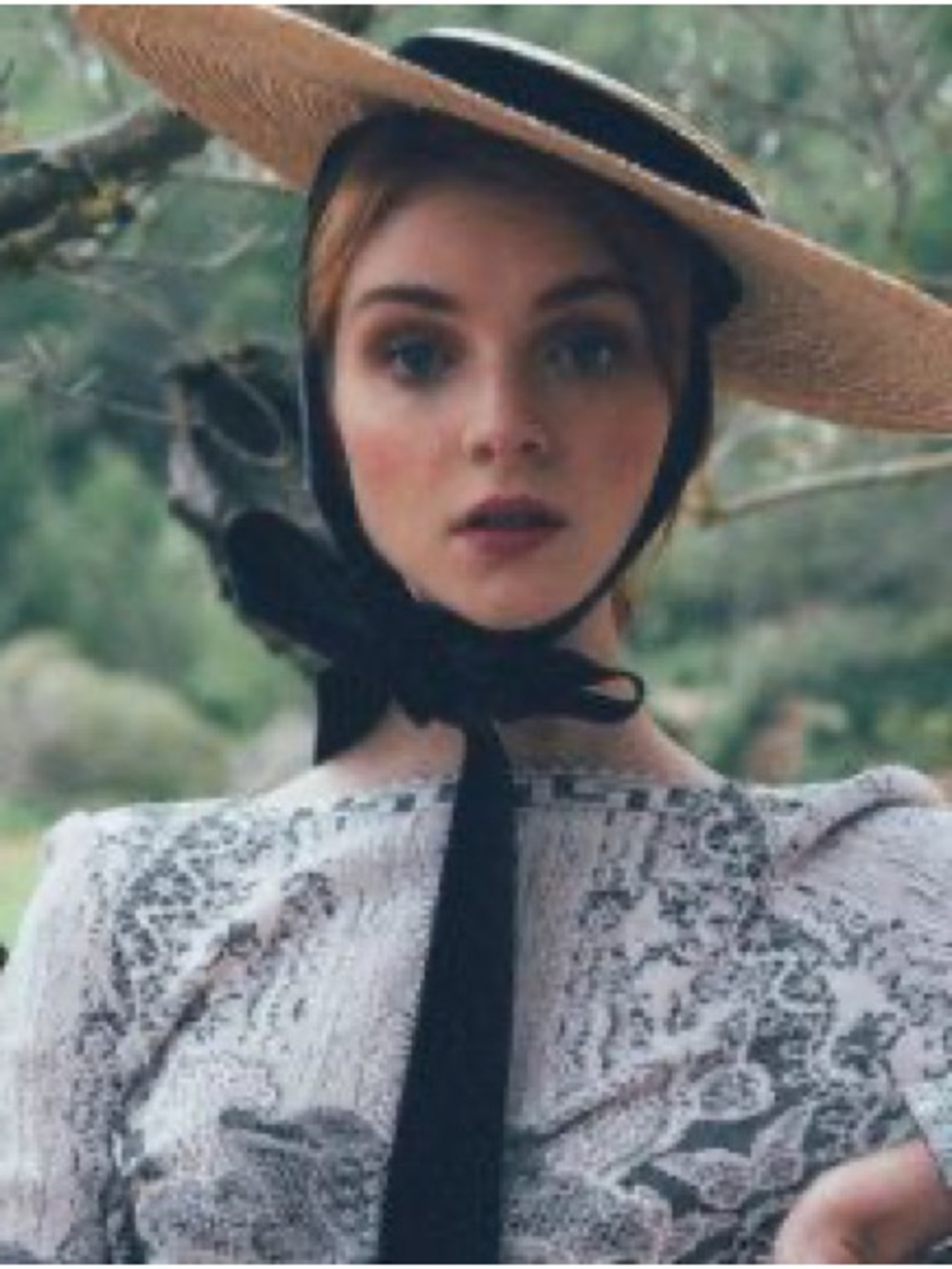 Birds & Freesia Wide Brim Straw Boater Hat with Black Chin Tie